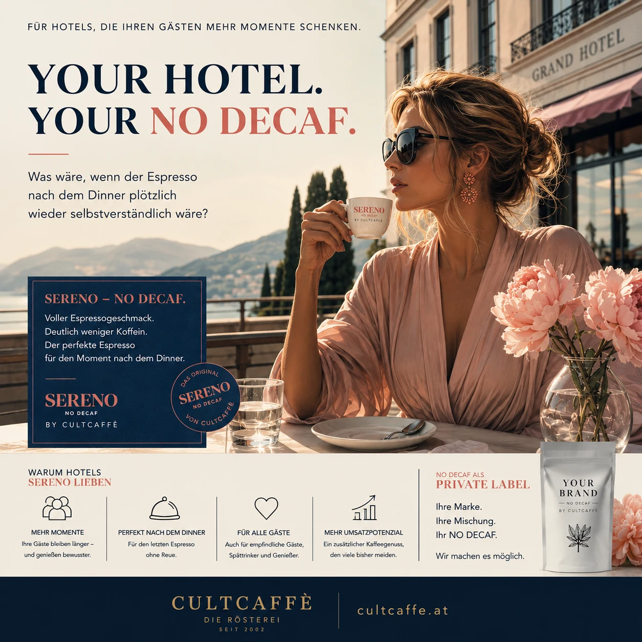Hotelblatt von CultCaffè: „Your Hotel. Your NO DECAF.“ — SERENO als Espresso nach dem Dinner, auf Wunsch als Private Label unter eigenem Namen.